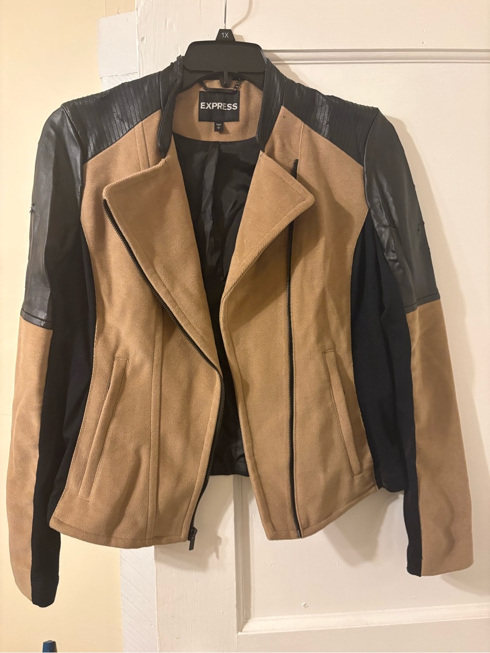 Express Two-Tone Tan and Black Mixed-Material Moto Jacket